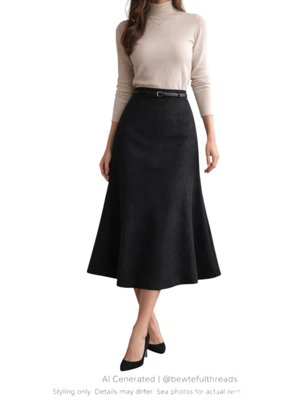 Black Textured Midi Flare Skirt EU 44 M Minimalist Office Chic
